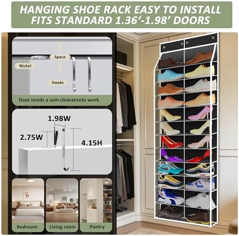 Kotkn 24-Pair Over Door Shoe Organizer for Family & Kids, Double Sided | Hanging Storage for Sneakers, Boots, Toys & Room Organization-Obsidian Black