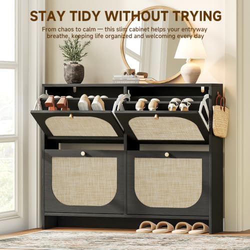 Shoe Cabinet for Entryway with 4 Flip Drawers, 9.5" Slim Wooden Shoe Storage Cabinet Fits Size 12+ Boots, Arched Rattan Hidden Shoe Organizer with Adjustable Shelves for Hallway, Foyer, Living Room