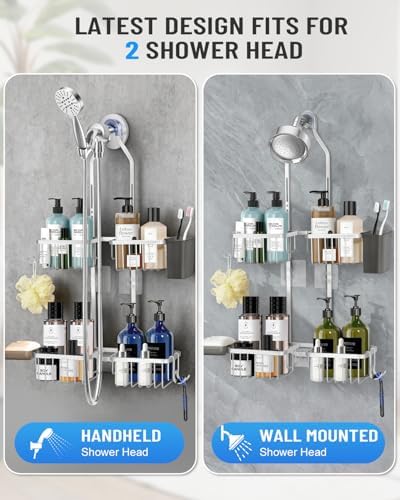 Adjustable Shower Caddy Hanging for Handheld Showerheads - Upgraded Never Rust Shower Hanging Organizer, Bathroom Shower Rack with Soap Basket, Hooks and Toothbrush Holder (Shiny Silver)
