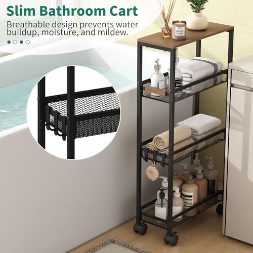 4-Tier Slim Utility Rolling Laundry Cart with Wheels, Easy to Assemble | 7.2" Wide for Narrow Spaces, Wood Top with Metal Frame, Mobile Storage Shelves for Bathroom, Kitchen, Office
