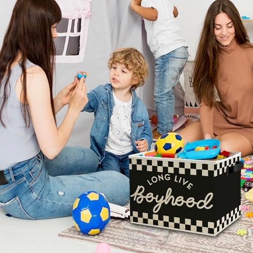 Black and White Checkered Long Live Boyhood Boys Storage Bins Box with Handles, Collapsible Basket Organizer for Kids Boy Nursery Room Bedroom Bathroom Playroom Books Clothes