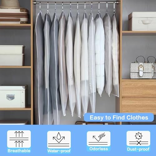 Garment Bags for Hanging Clothes (24''X48'' Set of 12) Suit Bags for Closet Storage Plastic Waterproof Suit Cover Bags with Zipper for Suit, Sweaters, Coat Protector Travel Closet Clothing