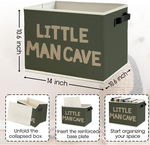 Little Man Cave Boys Storage Bins Box with Handles, Olive Green Boho Collapsible Basket Organizer for Kids Boys Playroom Nursery Room Bedroom Bathroom Books Clothes