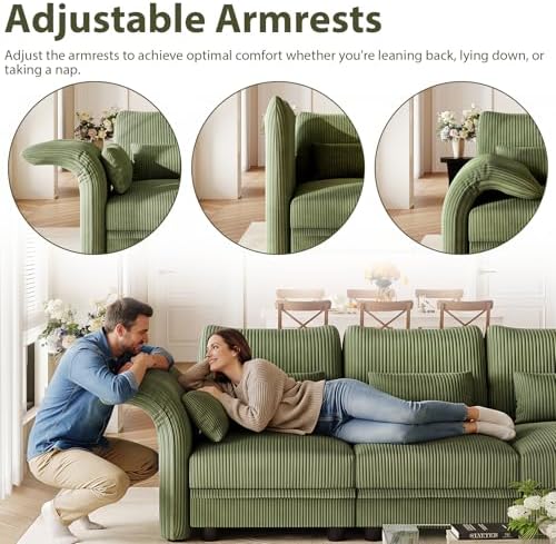 LLappuil Corduroy Modular Sectional Sofa with Storage Seat, Convertible Sectional Couches for Living Room with Adjustable Arms Backs, Plush Cushions, 8 Seater, Green