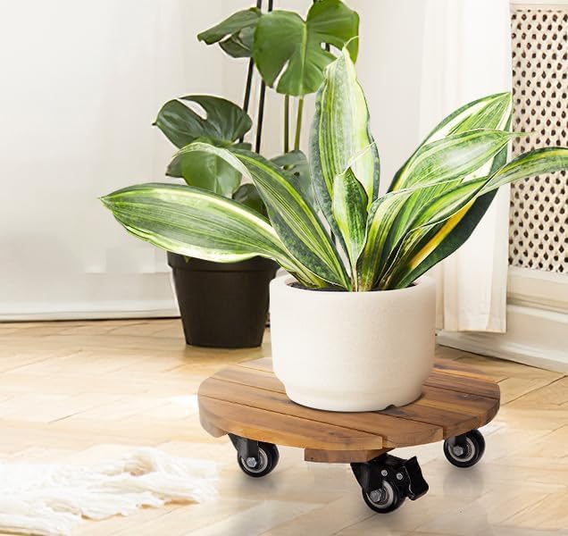 16inches Capacity 500lbs Wood Plant Caddy With Wheels Heavy Duty, Acacia Hardwood Plant Dolly, Plant Stand with 360° Lockable Wheels for Plant Pots, Heavy Objects Hauling - Natural Wood