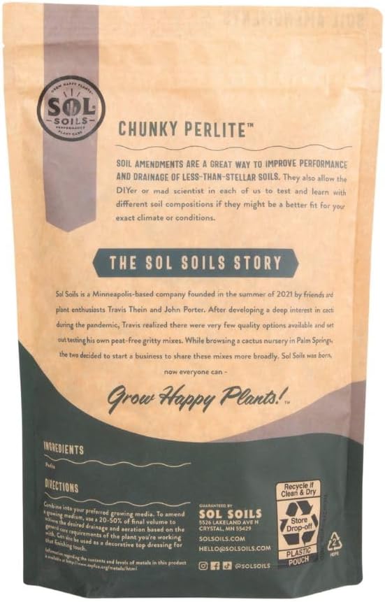 Sol Soils Chunky Perlite for Plants - Lightweight, All-Natural Volcanic Glass Soil Amendment to Improve Drainage & Aeration – 1 Quart