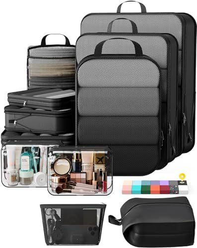 Veken 11 Set Compression Packing Cubes Garment Bags for Travel Essentials,Compressible Expandable Luggage Organizer Bags for Clothing,Space Saver Bags with Over 1000 pcs of Mesh Holes(Black)