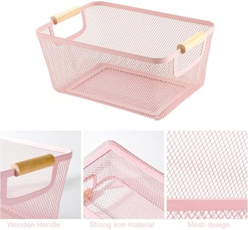 AJIODA Metal Mesh Steel Basket, Medium Wire Storage Organizer Basket Multi-function Hanging Kitchen Basket with Wood Handle for Kitchen Bathroom Picnic Home, Rectangle-Pink