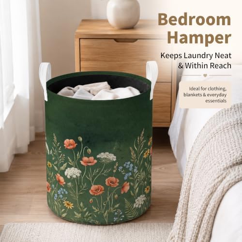 Vintage Wildflower Laundry Basket, Dark Green Botanical Cottagecore Floral Waterproof Laundry Hamper Clothes Toys Storage Organizer Bin for Bathroom Bedroom