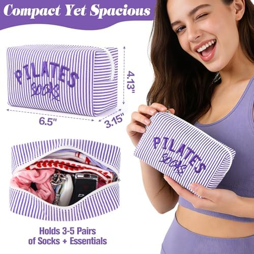 Pilates Grip Socks Bag Embroidered Seersucker Pouch for Women