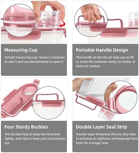 LEAWALK 5-7Lbs/6Qt Dog Cat Storage Container Portable with Upgraded Large Spout and Cup, Plastic Pet Food Dispenser for Small Animal Kibble, Bird Seed, Oatmeal, Rice, Flour, Brown Sugart- Clear pink