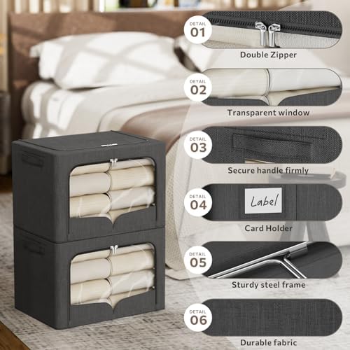 FHSQX 3 Pack Clothes Storage Bins Foldable Metal Frame Storage Box Stackable Linen Fabric Organizer Set with Carrying Handles and Clear Window (Dark Gray, 15.7x11.8x7.8inch(22L))