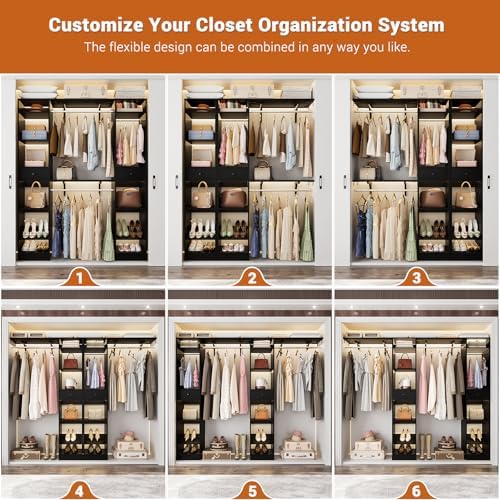 Unikito 58 - 90 Inch Closet System, Large Walk in Closet Organizer with 3 Hanging Rods and Shelves, Heavy Duty Wood Closets Wardrobe with 2 Drawers & Shoe Rack, Sturdy Reversible Clothing Rack, Black
