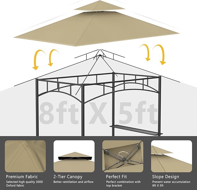 Grill Gazebo Replacement Canopy Top Only - 5' x 8' Outdoor BBQ Gazebo Canopy Roof, Waterproof Double Tiered Shelter Cover Fit for Model L-GG001PST-F (Khaki, 5x8)