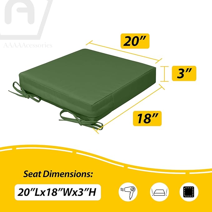AAAAAcessories Outdoor Seat Cushions for Chairs, Waterproof, Fade-Resistant, 20" x 18" x 3", Patio Furniture Replacement Cushions, Set of 2, Dark Moss Green
