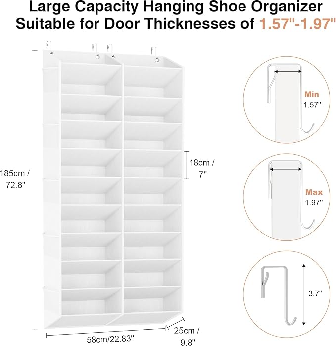 LANTEFUL Over the Door Shoe Organizer, Hanging Shoe Rack for Closet Door Shoe Storage for 30 Pairs Sneaker and Boots, Large Shoe Holder for Door with 10 Side Pockets, Space Saving, White