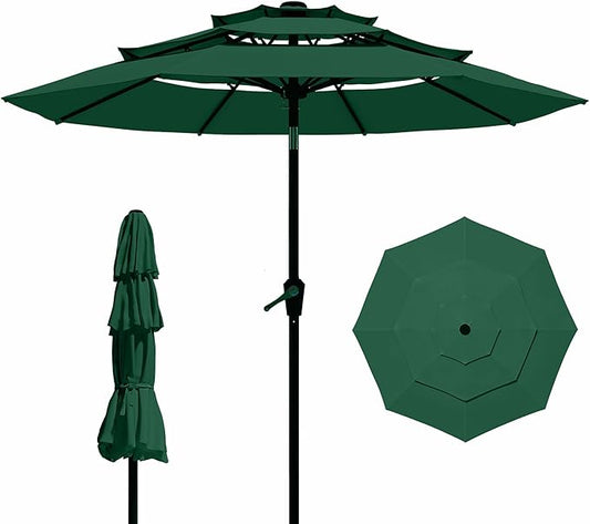 9FT 3 Tiers Patio Umbrella With Auto Tilt And Crank, Outdoor Table Market Umbrella with 8 Sturdy Ribs for Garden, Lawn, Deck, Backyard and Pool