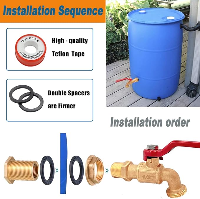 2 Pack Rain Barrel Spigot Kit, Brass Water Tank Faucet with 1 Inch OD Bulkhead Fitting for Outdoor Plastic Bucket Rain Water Drum Gal Container Down Spout Diverter in Garden
