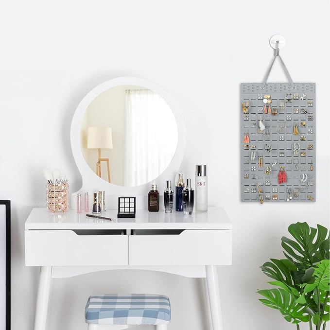 RESOVO Hanging Earrings Organizer, Wall Earring Holder with 2 Hooks, Holds Up To 300 Pairs, Compact Design, Soft Material-Silber Grey