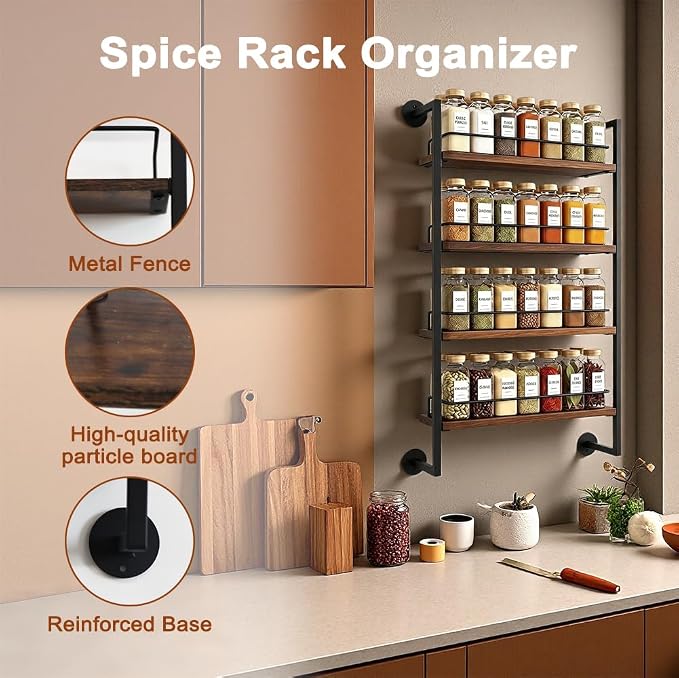 4 Tier Spice Rack Wall Mounted for Kitchen, Large Capacity Organizer