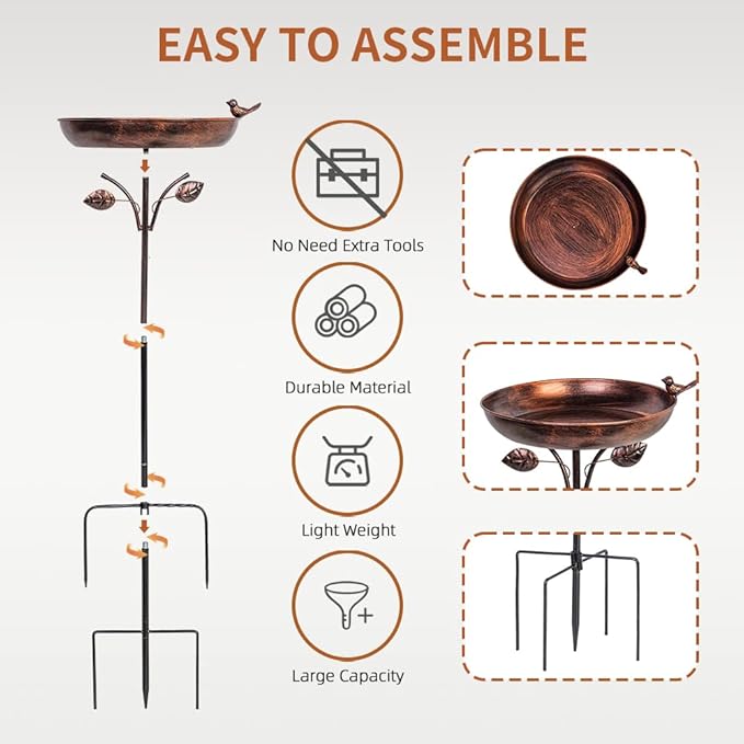 VEWOGARDEN 38" Tall Metal Bird Bath for Outside, Outdoor Bird Bath Feeder with 5-Pronged Stake for Garden, Yard, Patio Decor, Antique Bronze