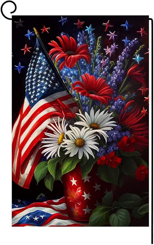 4th of July Floral Garden Flag 12x18 Vertical Double Sided Patriotic USA Flag Red Blue Memorial Day Independence Day Outside Decorations Burlap Yard Flag BW299