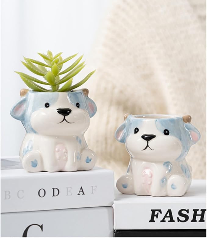 Cute Animal Ceramic Succulent Planters, Small Bonsai Planter, Aloe Cactus Succulent Plant Pots with Drainage Indoor Outdoor Use for Office Home Garden Decoration, Plants Not Included (Cow)