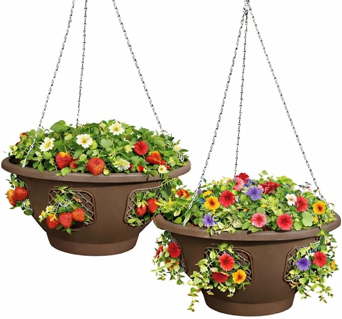 Hanging Planter Basket 20 Pack Bulk, Easy Fill Strawberry Planter, Outdoor Hanging Basket with Side Planting Panels, Durable UV Resistant Planters, Made in USA (20, Mocha)