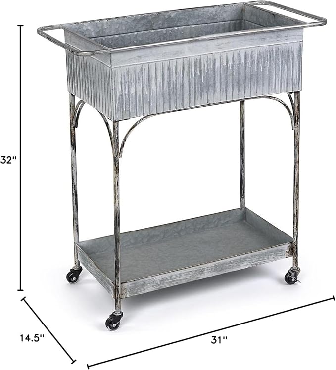 Displays2go Rustic Garden Planter Cart, Galvanized Steel, Top & Bottom Trays, Wheels - Silver (SMRGGMDC)