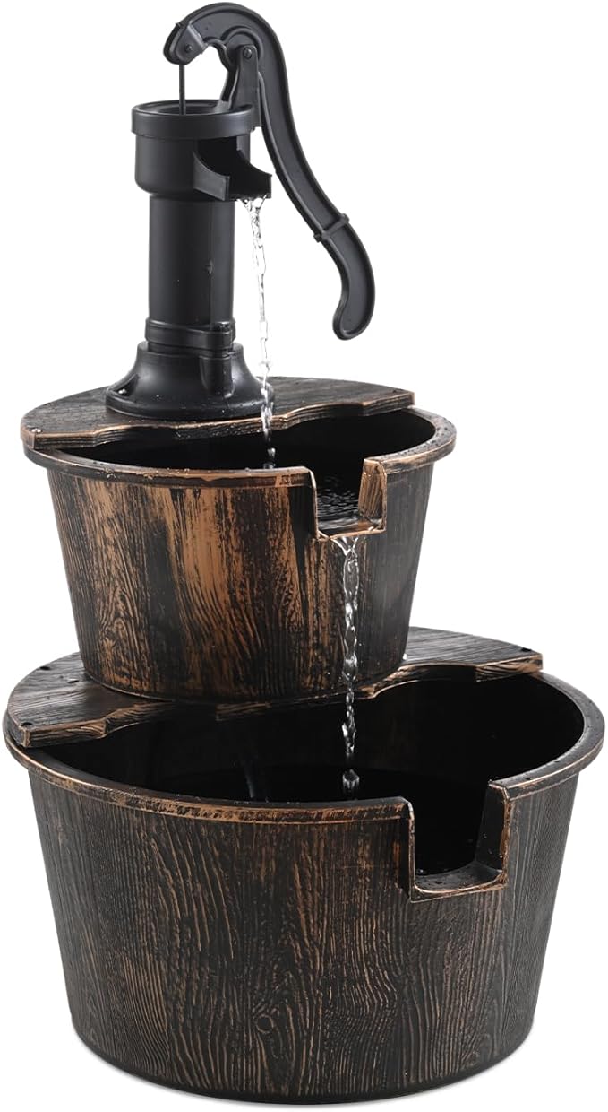 2-Tier Barrel Waterfall Fountain,27-Inch Plastic Outdoor Water Feature with Pump for Garden,Patio and Backyard