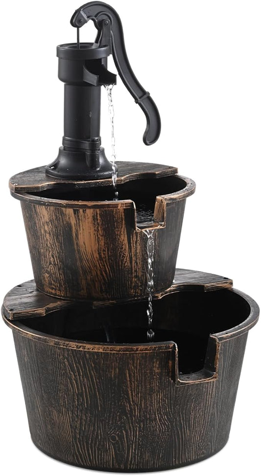 2-Tier Barrel Waterfall Fountain,27-Inch Plastic Outdoor Water Feature with Pump for Garden,Patio and Backyard