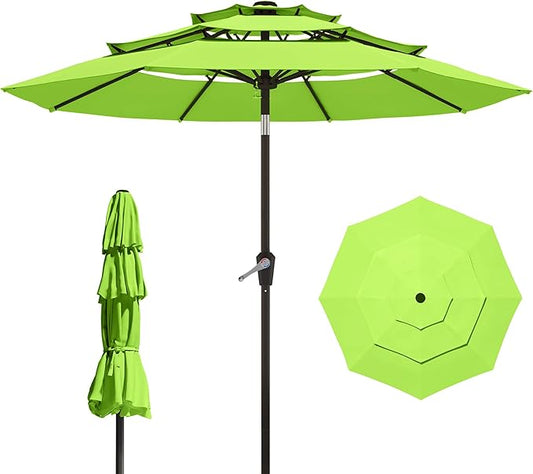 9FT 3 Tiers Patio Umbrella With Auto Tilt And Crank, Outdoor Table Market Umbrella with 8 Sturdy Ribs for Garden, Lawn, Deck, Backyard and Pool