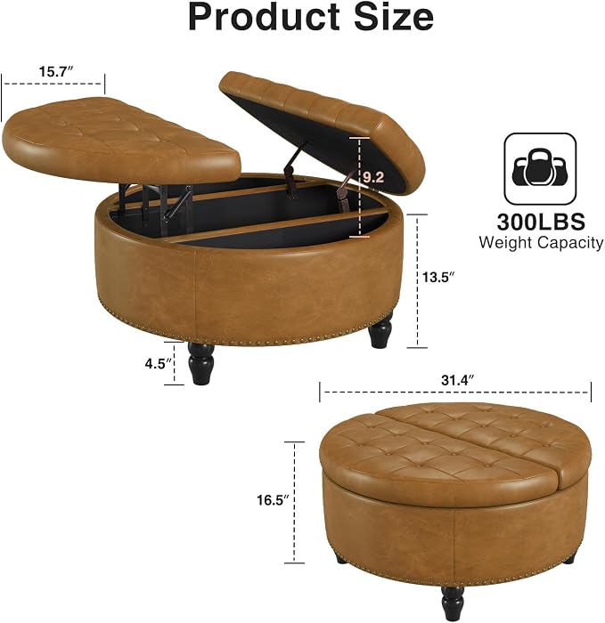 FiveWillowise 31.5 Inch Large Round Ottoman with Storage Circular,Camle | Leather Coffee Table with Lift Top,Modern Upholstered Button Tufted Footrest Stool Solid Wood Legs for Living Room,Bedroom