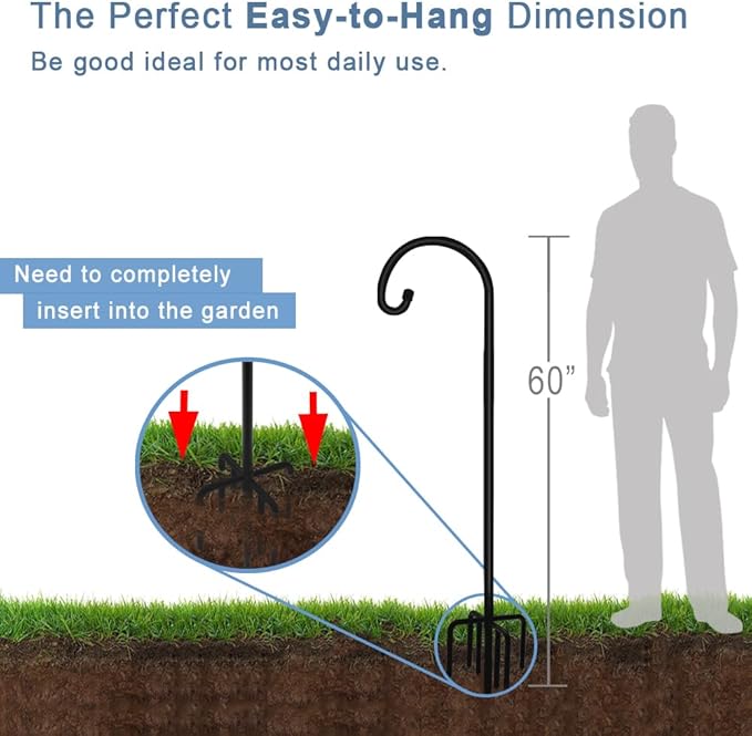 Artigarden 60 inch Outdoor Shepherd Hook with Upgraded 7 Prong Base (1 Pack), Adjustable Heavy Duty Garden Hanging Stake for Bird Feeder Solar Light Plant Hanger Wedding Decor, Matte Black