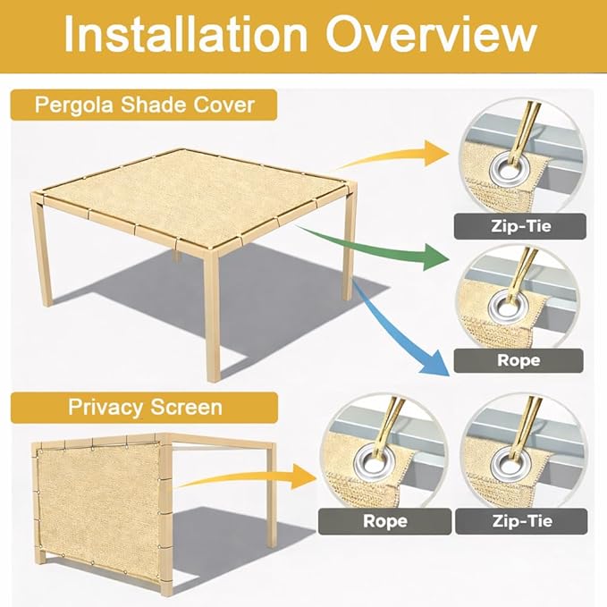 90% Sun Shade Cloth, 8x8 FT Pergola Shade Patio Cover, UV-Resistant, Breathable Sunshade Screen Fabric for Outdoor, Camping, RV, Garden, Deck, Porch, Backyard (Beige)