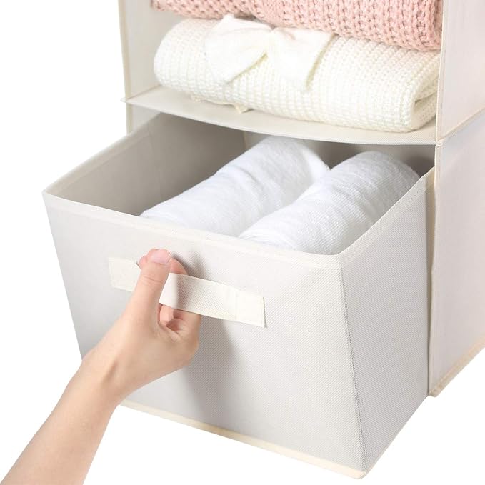 MAX Houser 4-Shelf Hanging Closet Organizer, Space Saver, Cloth Hanging Shelves with 2 Side Pockets, Foldable (Beige) | Foldable Fabric Hanging Shelves for Closet, Cloth Hanging Shelves with 2 sturdy hanging hooks, Small Space Saver