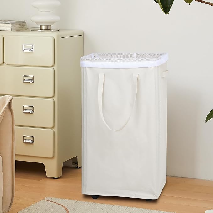 DOKEHOM 90L X-Large Rolling Laundry Basket Hamper on Wheels, Beige | Collapsible clothes hamper with removable mesh wash bag. High-capacity foldable washing bin organizer