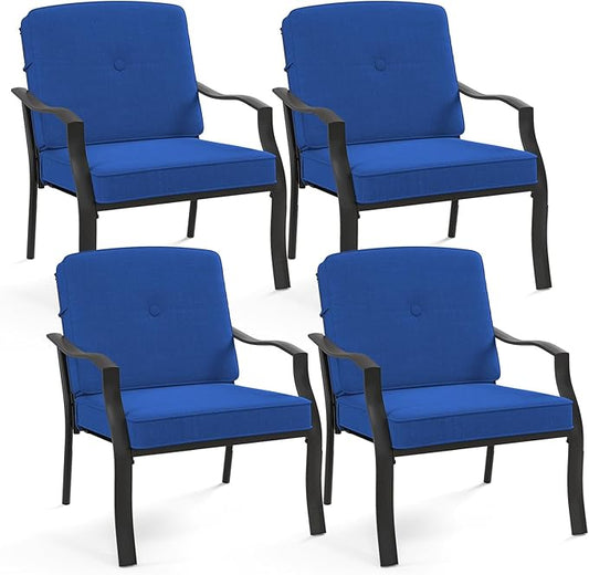 Tangkula Metal Patio Chairs Set of 4, Outdoor Dining Chairs with Seat & Back Cushions, Heavy-Duty Metal Frame, Ergonomic Patio Sofa Chair for Yard Garden Balcony Poolside (Blue)