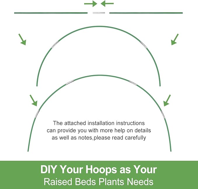 Garden Hoops for Raised Beds, 50pcs 7ft Grow Tunnel Greenhouse Support Hoops Rust-Free Frame for Garden Netting Row Cover Fabric, 10 Set DIY Fiberglass for 3 & 4 Ft Wide, 30pcs Clips