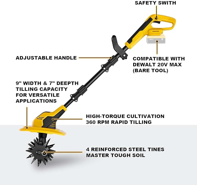 20V Cordless Garden Tiller Cultivator - Compatible with DeWalt 20V MAX Batteries, 9-in. Tilling Width & 7-in. Depth, 4 Steel Blades for Raised Beds and Flower Gardens, Battery Not Included