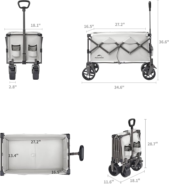 Naturehike Big Wheels Collapsible Wagon Cart, 300lbs Capacity Beach Wagons for Sand, Heavy Duty Foldable Cart with Brakes, Portable Utility Folding Garden Cart for Outdoor