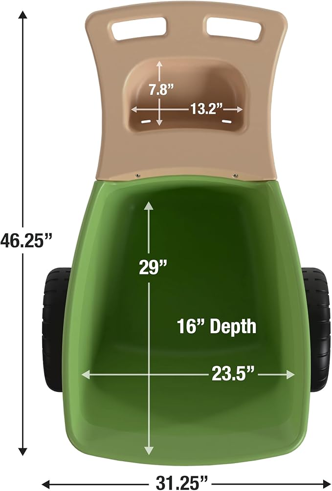 Simplay3 Easy Haul Wheelbarrow with Garden Tool Storage Tray, Durable Heavy-Duty Plastic Wheelbarrow with Large Easy Turn Wheels - Green, Made in USA