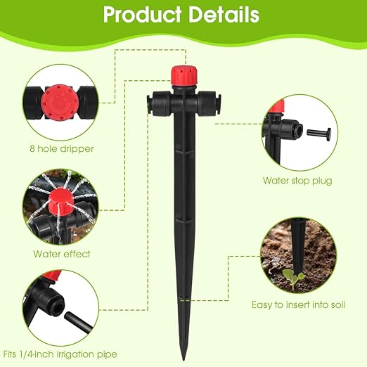 25 Pcs Drip Irrigation Emitters with Stake - Adjustable Drip Emitter Stream for 1/4" Drip Line Irrigation Tubing - Drip Irrigation System Parts Drippers Sprinkler Heads for Garden Watering System -Red