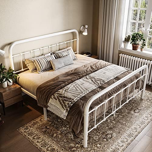 Allewie Queen Metal Bed Frame with Victorian Iron-Art Headboard, White