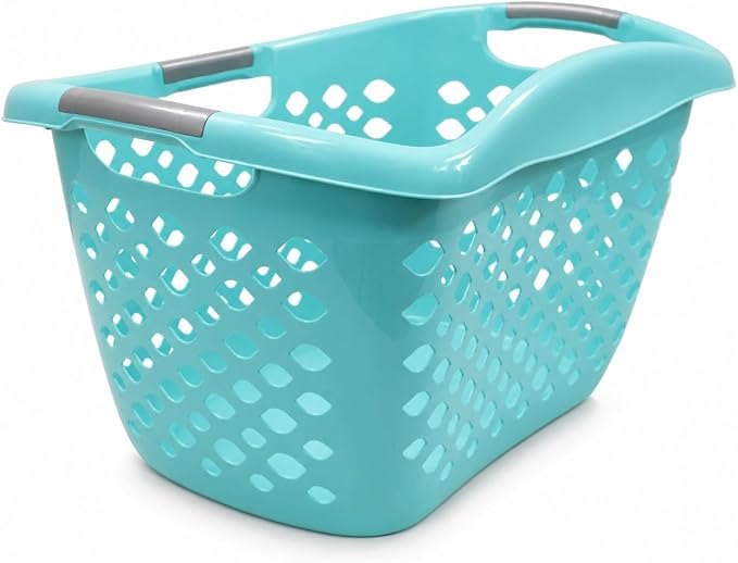 Teal Laundry Basket 9.3 Gal with 3 Handles, Durable Resin | Teal laundry basket with a contoured side that rests comfortably on your hip—carry heavy loads with one hand, effortlessly.