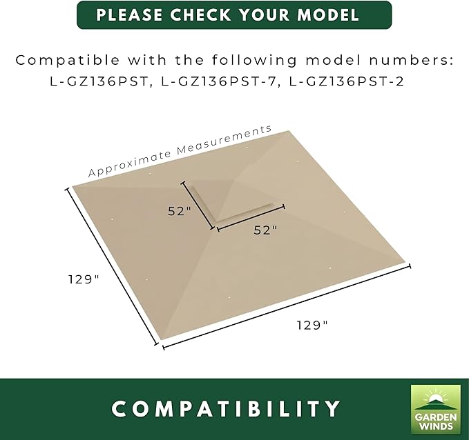 Garden Winds Reinforced RipLock 350 Replacement Canopy Top Cover Compatible with Madaga 10’ x 10’ Gazebo Models L-GZ136PST, L-GZ136PST-7, L-GZ136PST-2 - Beige