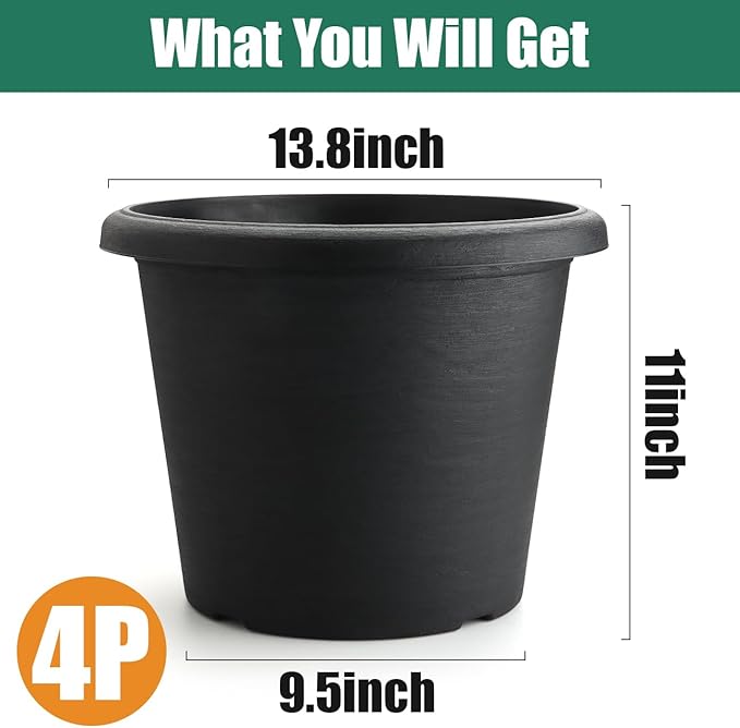 BTPLASTIK Heavy-Duty 4 Pack 14 Inch Plastic Planter Pots with Drainage Holes - Textured Cement Design, 20L Capacity, Raised Base, Durable & Cut-Resistant Large Garden Container