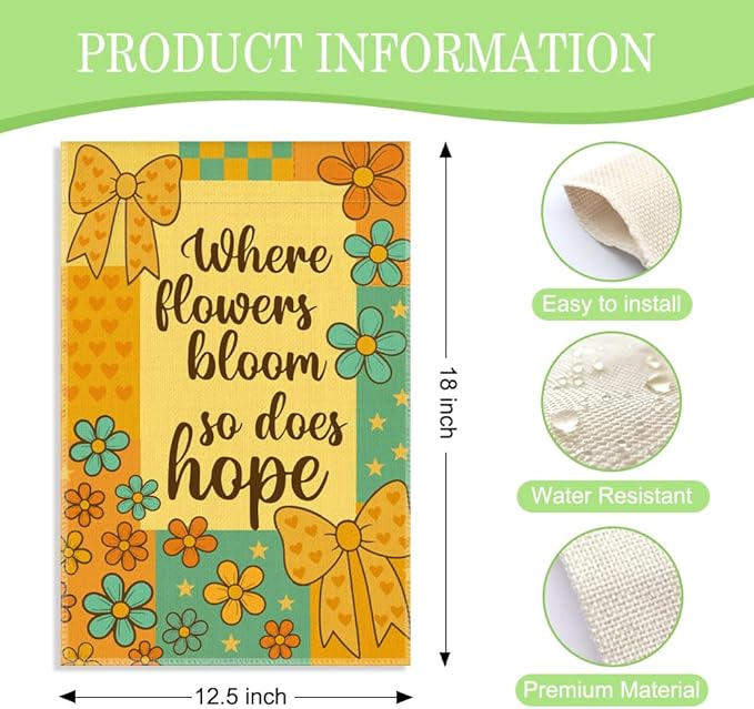 Where Flowers Bloom So Does Hope Garden Flag, 12 x 18 Inch Double Sided Inspirational Floral Yard Flag Mother’s Day Gifts for Mom Grandma Garden Lover, Spring Summer Outdoor Lawn Porch Decor