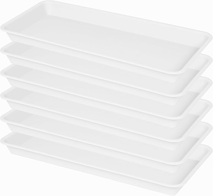 VUWEZ 6 Pack Plastic Plant Tray Saucer, Rectangular, Indoors Outdoor, Water Drip Tray for Flower Pot Planter, Windowsill (6 X 11 Inch, White)