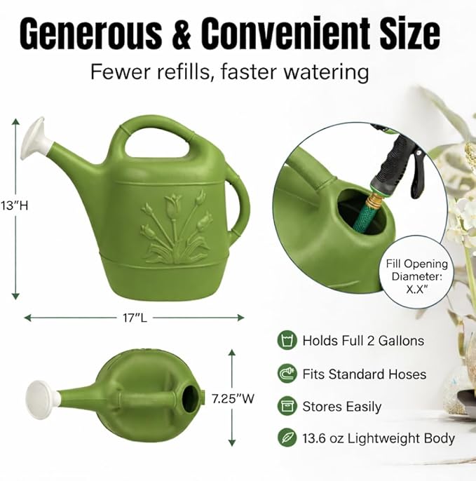 PMU 2 Gallon Watering Can - Garden Watering Can for Indoor & Outdoor Plants - Plastic Water Can with Detachable Sprinkler Head - Large Water Pot, Made in USA - Sage Green Pkg/12